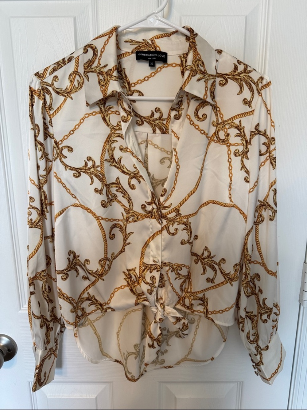 Generation Love White and Gold Chain-Print Button Front Top
